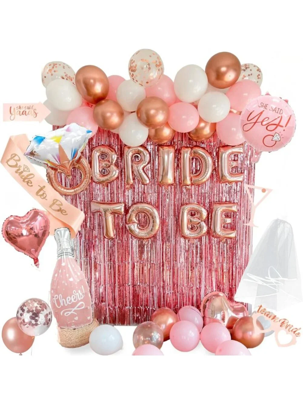 Rose Gold Bridal Shower & Bachelorette Party Decor - 62-Piece Set with Banner